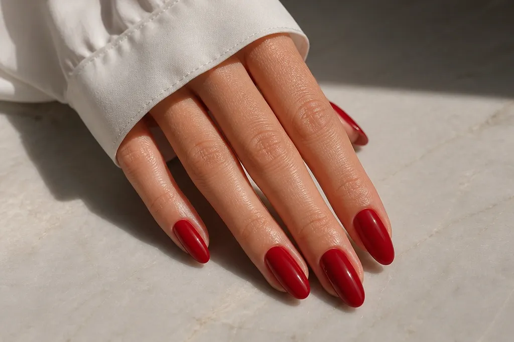 Chic red almond nails that feel feminine