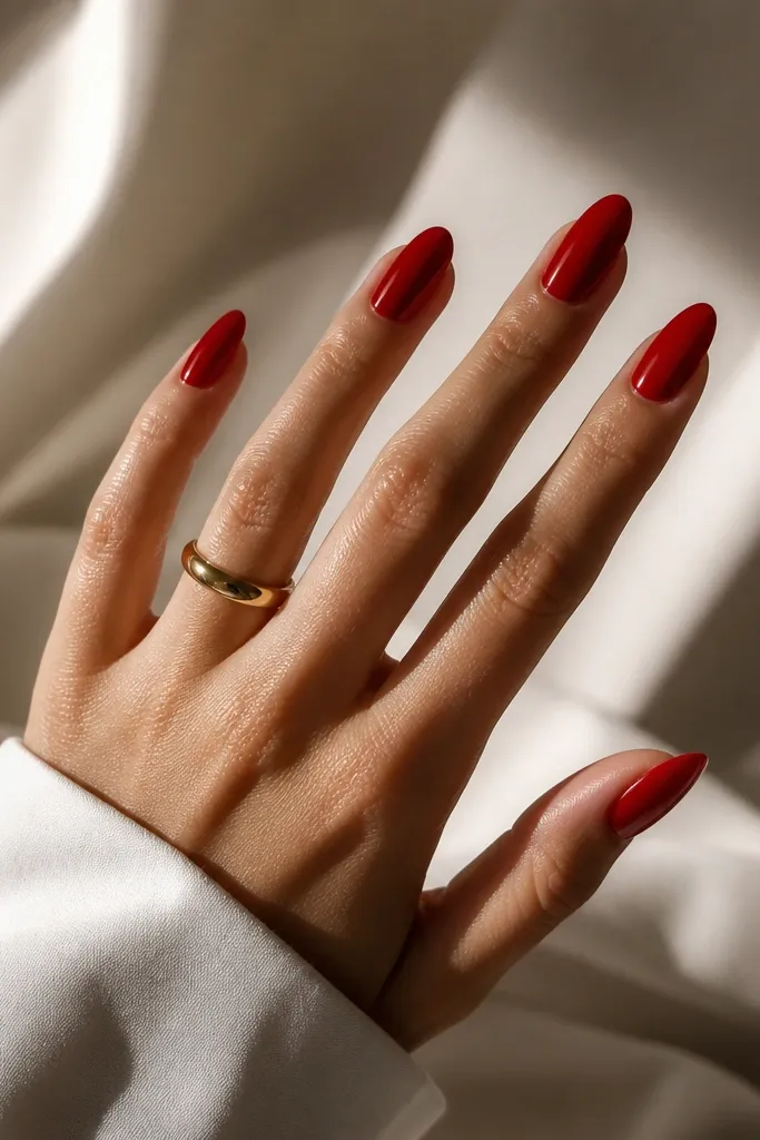 Chic red almond nails that feel feminine
