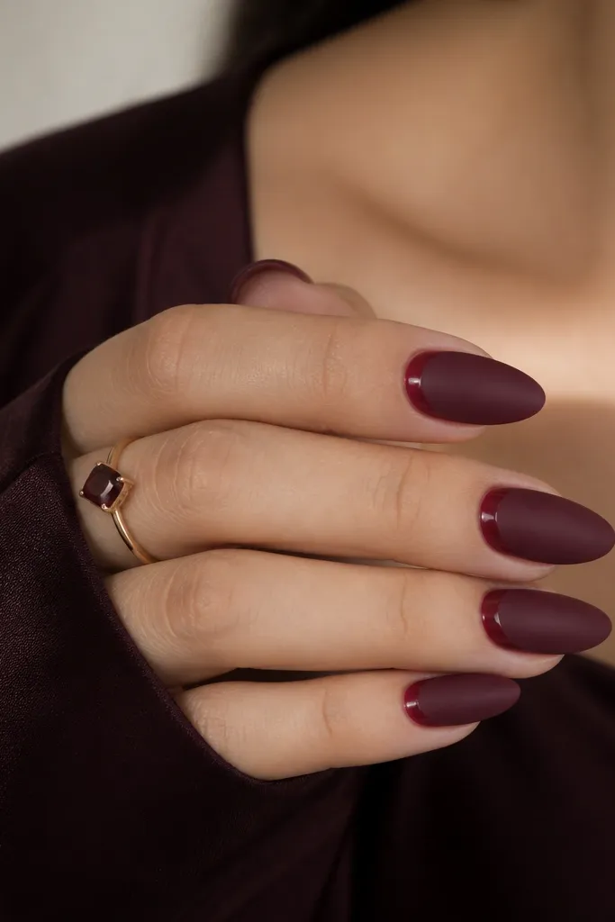 Almond nails in deep wine red. The nails are matte overall, but there is a glossy red crescent around each cuticle like a half-moon shine.