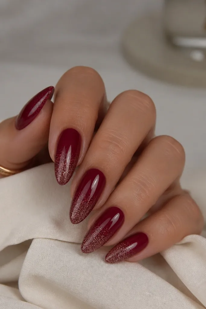 Almond nails where the base is solid wine red and the glitter fades in from the tip downward. The glitter is fine and looks like velvet dust, with a high-gloss finish.