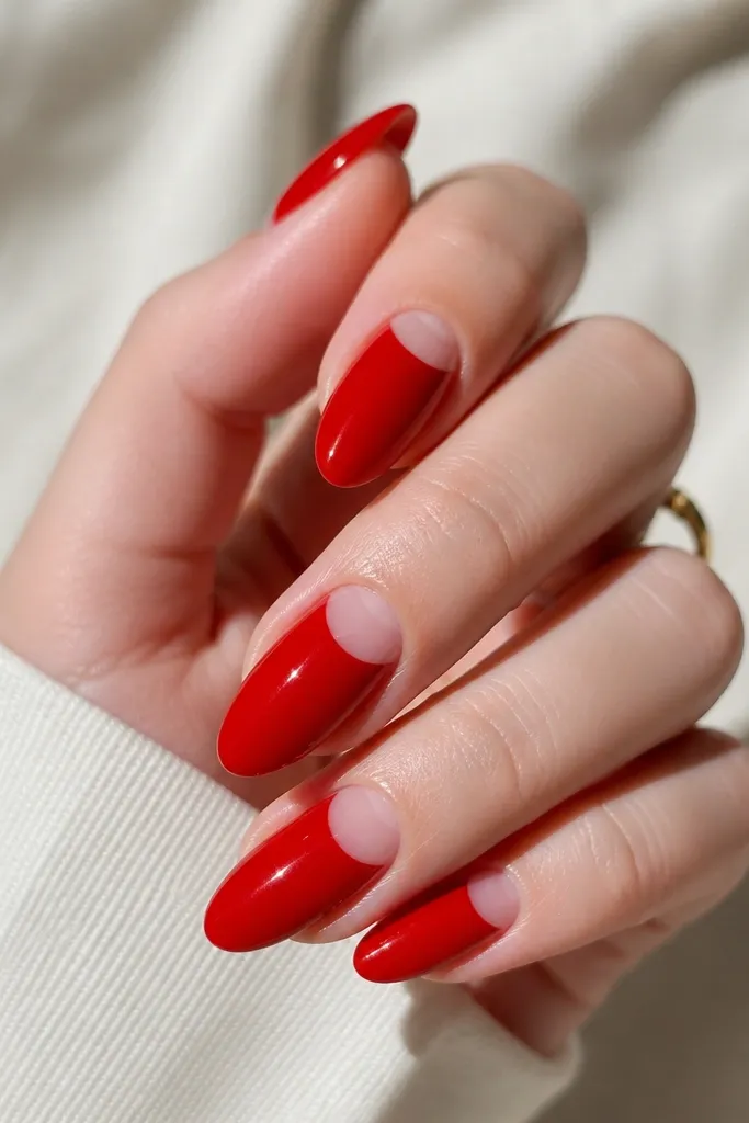 Glossy almond nails painted glossy red with a clear crescent near the cuticle on each nail. The crescent is centered and leaves a clean, see-through arc.