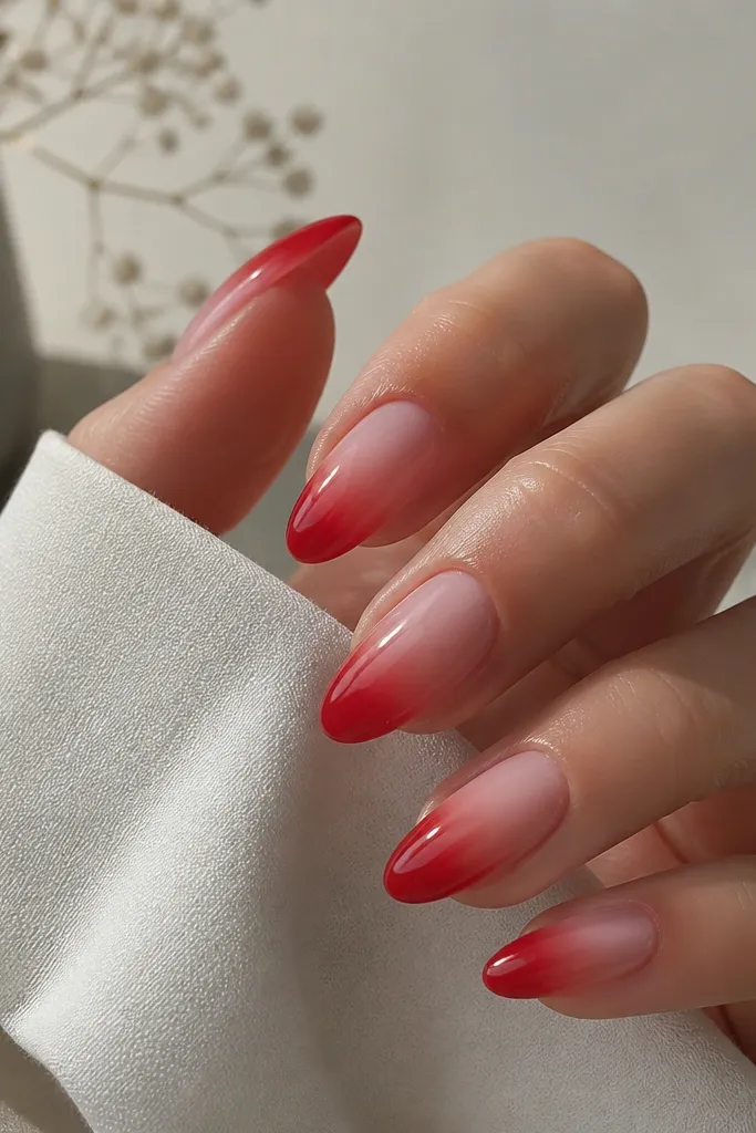 Almond nails with a sheer pink base that fades into glossy red at the tips. The transition is smooth with no harsh line, and the nails look glassy.