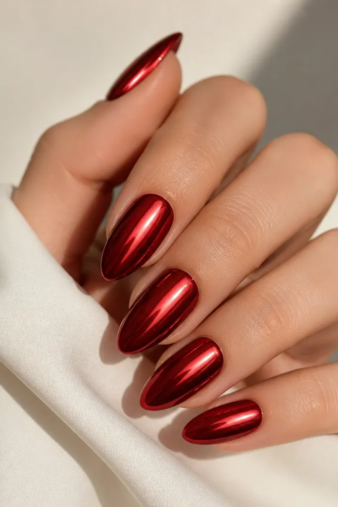 Almond nails with a deep red chrome base. There is a bright mirror-like streak running down the center, creating a spotlight effect, and the finish is ultra reflective.
