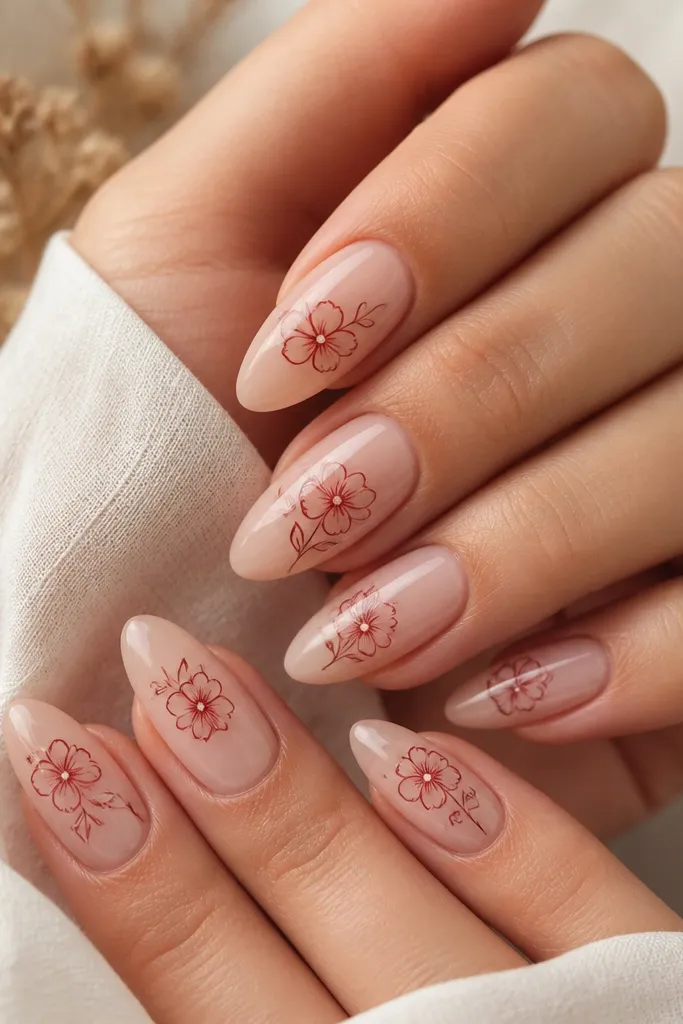 Almond nails with a nude base and delicate red floral outlines. The flowers sit near the center and include thin petals and tiny leaves, with glossy finish.