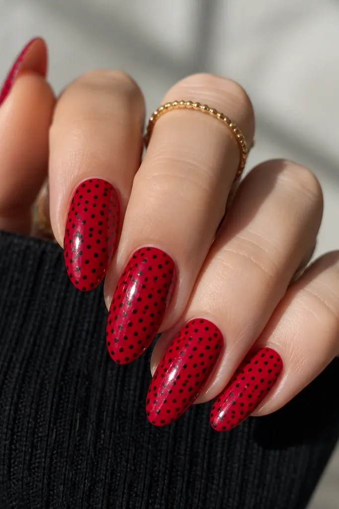 Almond nails with a glossy red base and a neat grid of tiny black dots. The dots are arranged in rows across the nail, creating a lace-like pattern without heavy lines.