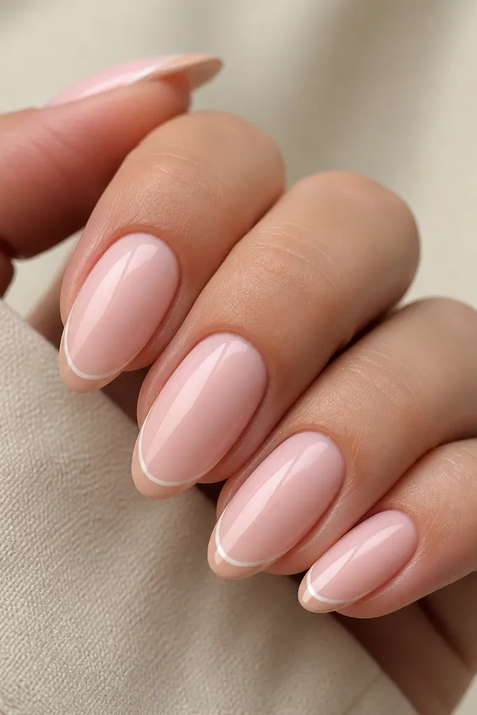 Close-up of glossy almond nails. The base is creamy warm baby pink. The French tip is very thin, with a peach-beige line at the very edge, and a tiny white highlight just inside the peach line.