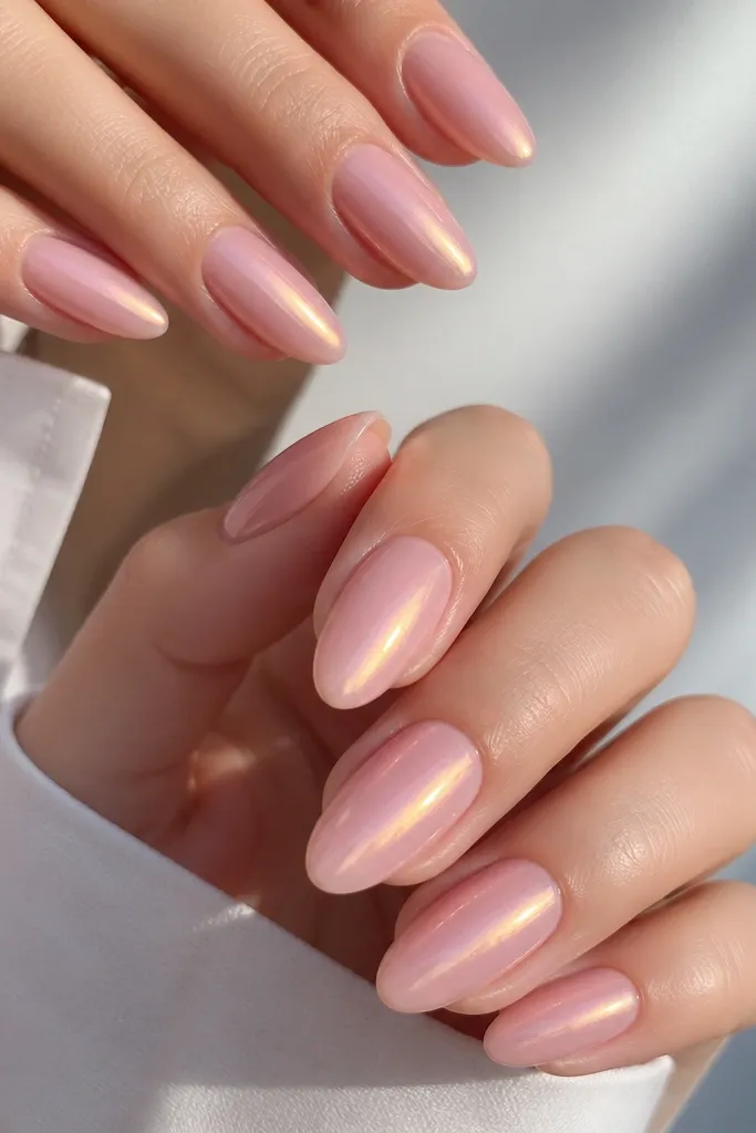 Glossy almond nails with a smooth, jelly-like warm baby pink. Under the light, the nails show a glazed sheen with a faint golden-peach glow, especially near the center and toward the tip.