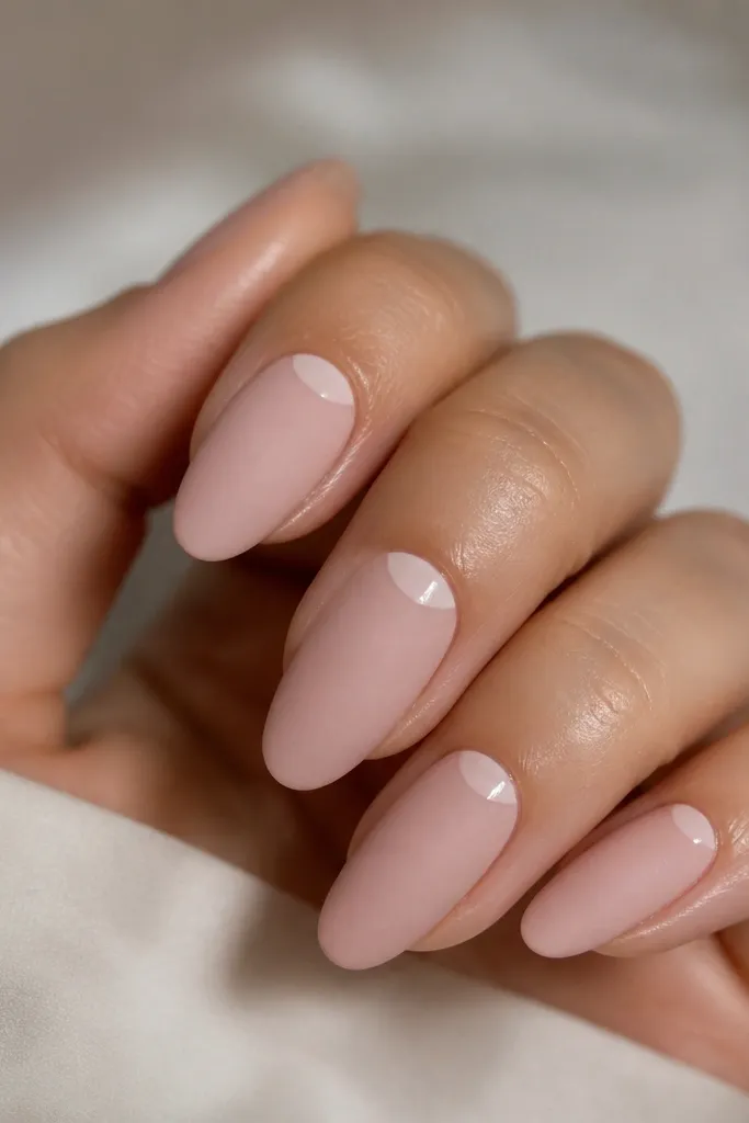 Some nails are matte warm baby pink almond nails. Around the cuticle area on each nail, there's a glossy crescent halo that catches light, creating a subtle ring effect.