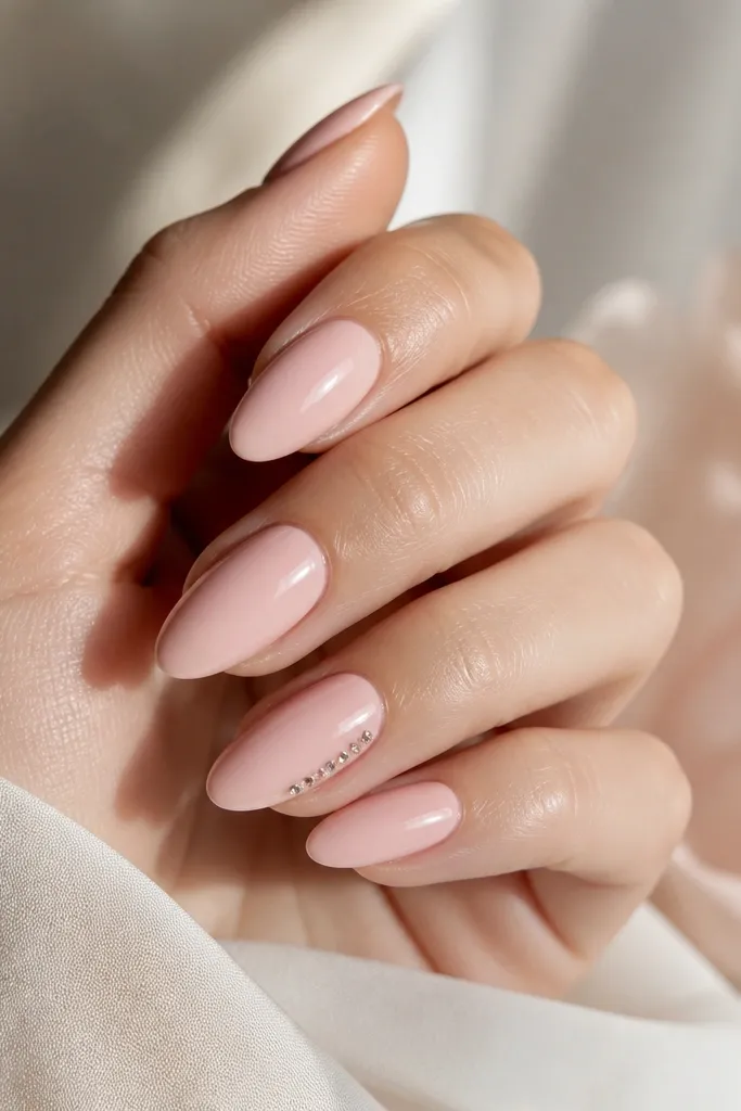 Glossy creamy baby pink almond nails. One accent nail has a small cluster of three micro rhinestones placed along the outer sidewall near the middle, with no stones near the cuticle.