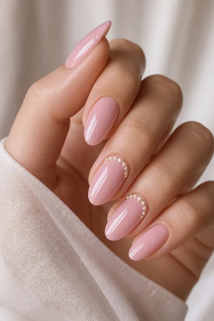 Glossy warm baby pink almond nails. There are tiny pearl dots in a gentle arc on two accent nails - small, spaced beads that catch light like warm ivory.