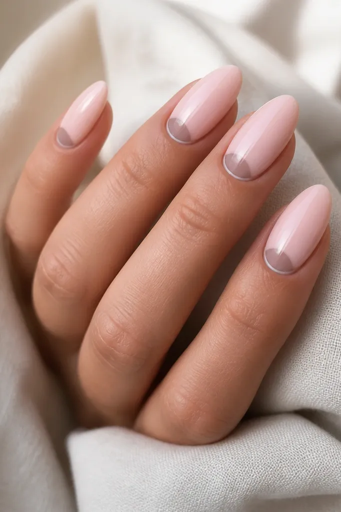 Glossy warm baby pink almond nails. A nude-taupe half-moon sits right at the cuticle line, crisp and clean, with a thin border that looks like negative space.