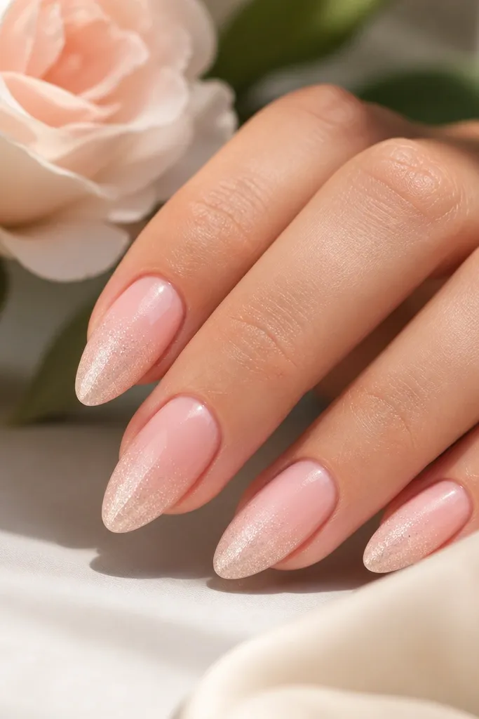 Warm baby pink glossy almond nails with a champagne shimmer fade. The shimmer is strongest near the tip and fades to almost clear near the middle.