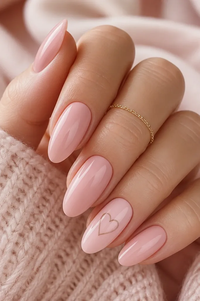 Glossy warm baby pink almond nails. On one accent nail, a single thin one-line heart is drawn in fawn nude near the center, with no fill, just the outline.