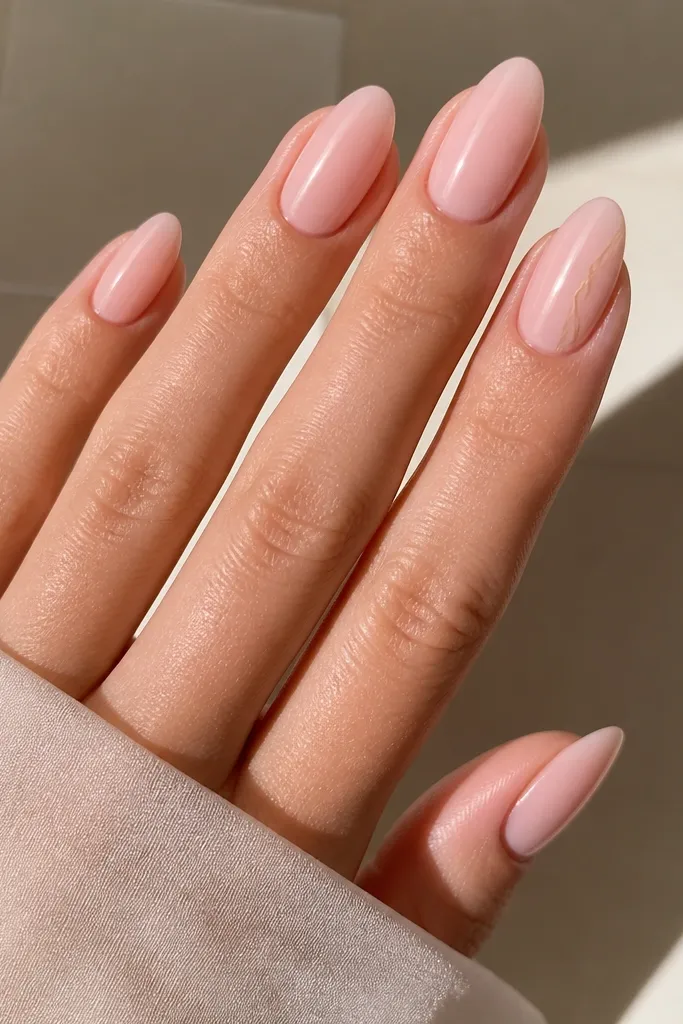 Glossy warm baby pink almond nails. One accent nail has a tiny warm tan swirl near the sidewall, like a thin ribbon curl, with a second faint swirl tucked behind it.