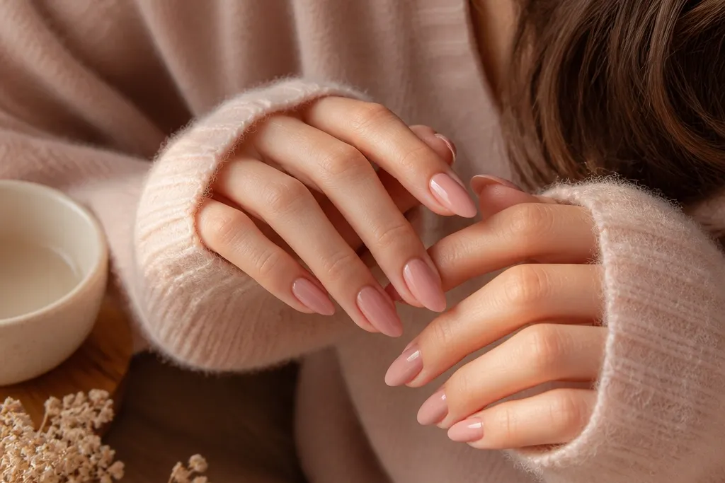 Cozy Warm-Tone Pink Almond Nails