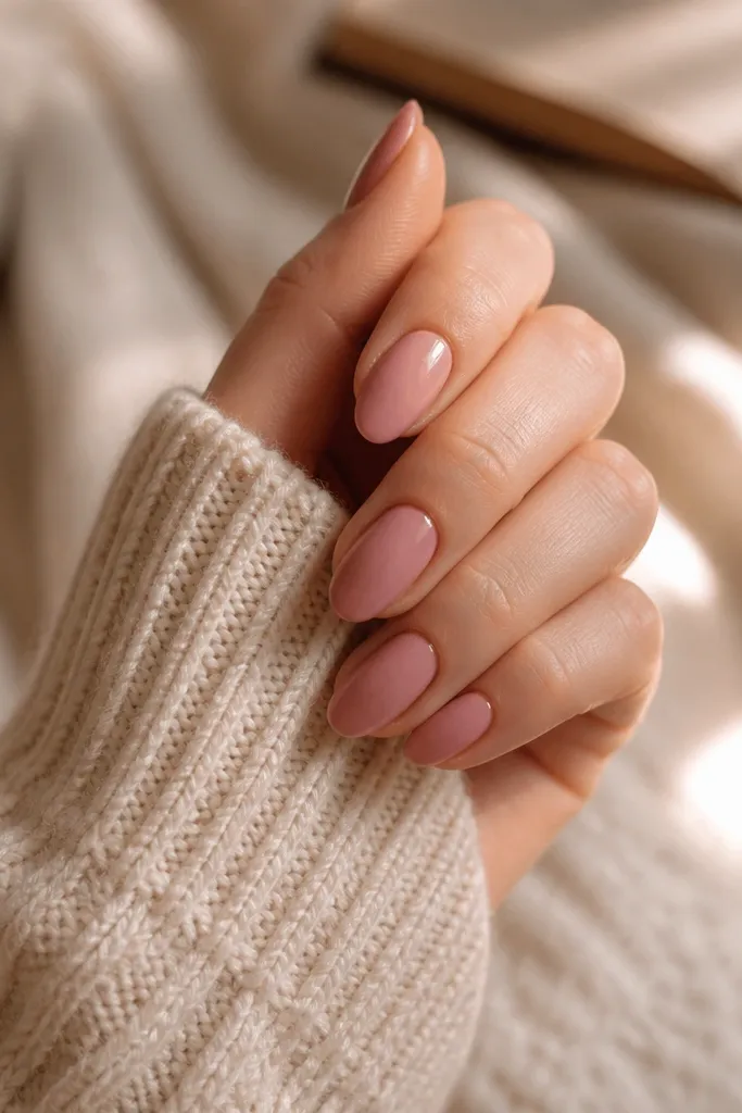 Cozy Warm-Tone Pink Almond Nails