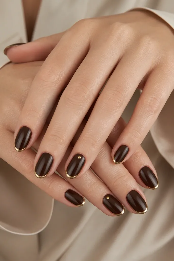 Hands with short almond nails painted espresso brown-black. Tips have a thin gold micro-French line, crisp and even. One ring finger has a tiny gold dot near the cuticle, all under glossy top coat.