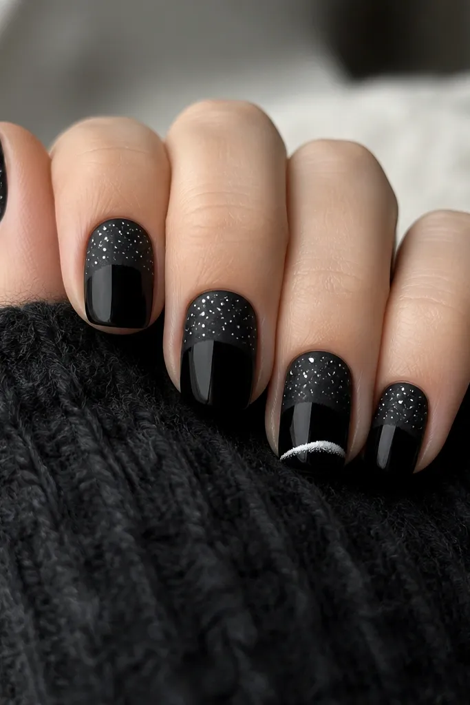 Medium-short square nails in deep black with a soft velvet-matte finish at the cuticles. Tiny matte-white snow specks sit above the cuticle line, and the rest of the nail is glossy black. A single nail has a small curved matte snow arc near the tip.