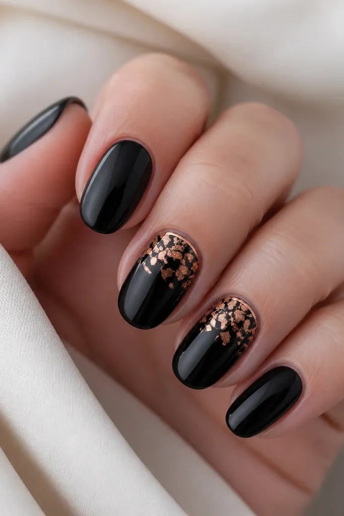 Glossy black nails with a thin copper line at the cuticle. Above the line are irregular copper foil pieces like confetti, mostly on the ring finger and middle finger. Other nails stay plain black for contrast.