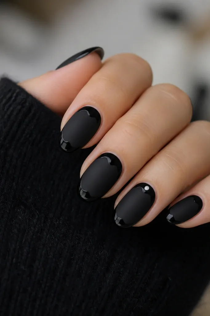 Nails are mostly matte black. At the tips, there are glossy black "snow caps" shaped like small curved mounds. One accent nail has a tiny white dot at the center of the cap.