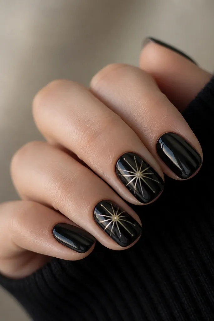 Glossy black nails with one or two accent nails showing warm white starburst lines near the center of each accent nail. The lines radiate from a tiny dot, like a small Christmas light burst. Other nails are plain glossy black.