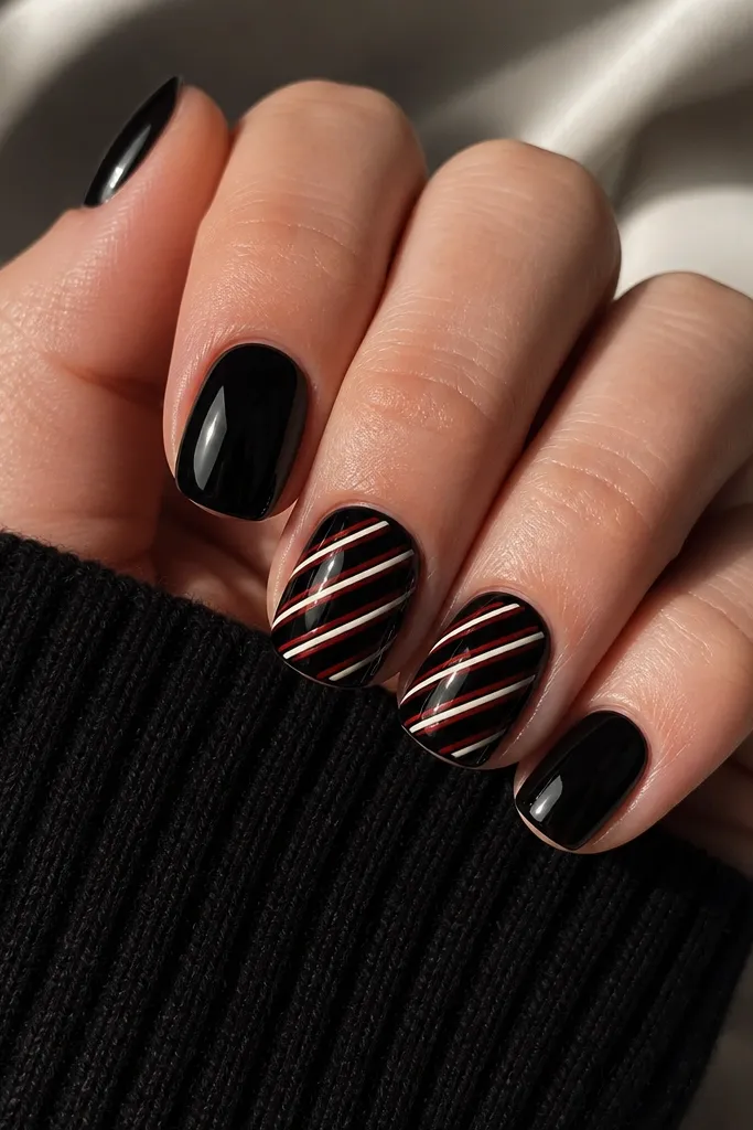 Short square nails in glossy black. Two nails have diagonal candy cane stripes made of thin warm white and thin red lines running from lower left to upper right. The stripes are separated by a narrow black gap for contrast.