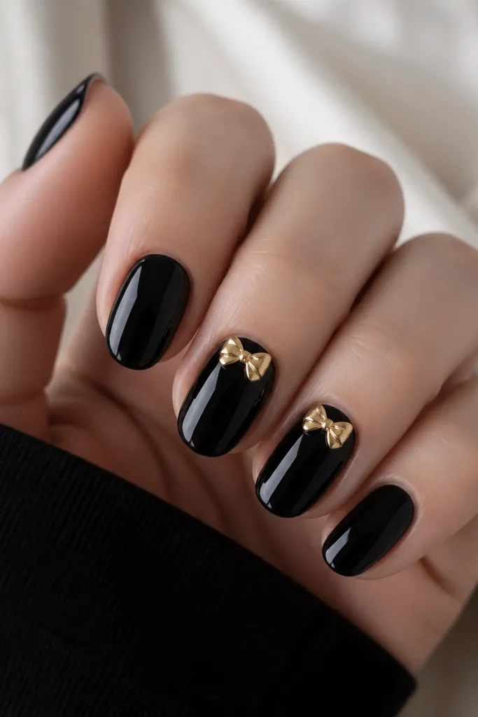 Glossy black nails with a small warm gold bow tie placed at the cuticle on two nails. The bow has two loops and a tiny center knot, with crisp edges. The remaining nails are solid glossy black.