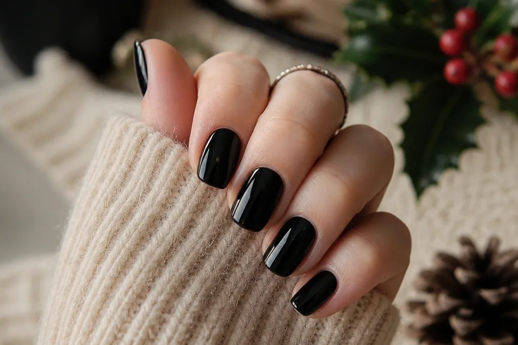 Cozy warm winter christmas nails with black polish