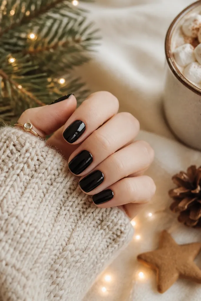 Cozy warm winter christmas nails with black polish