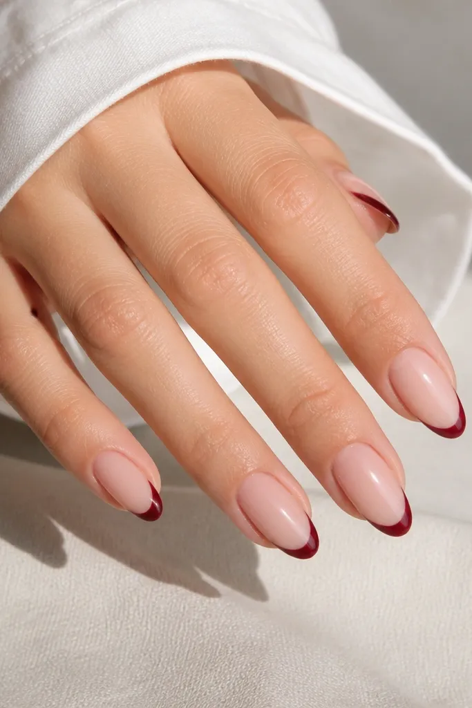 Almond nails with a nude pink base and a clean dark red French tip. The tip line is thin and crisp, with a glossy finish and a small gap from the cuticle to keep it airy.