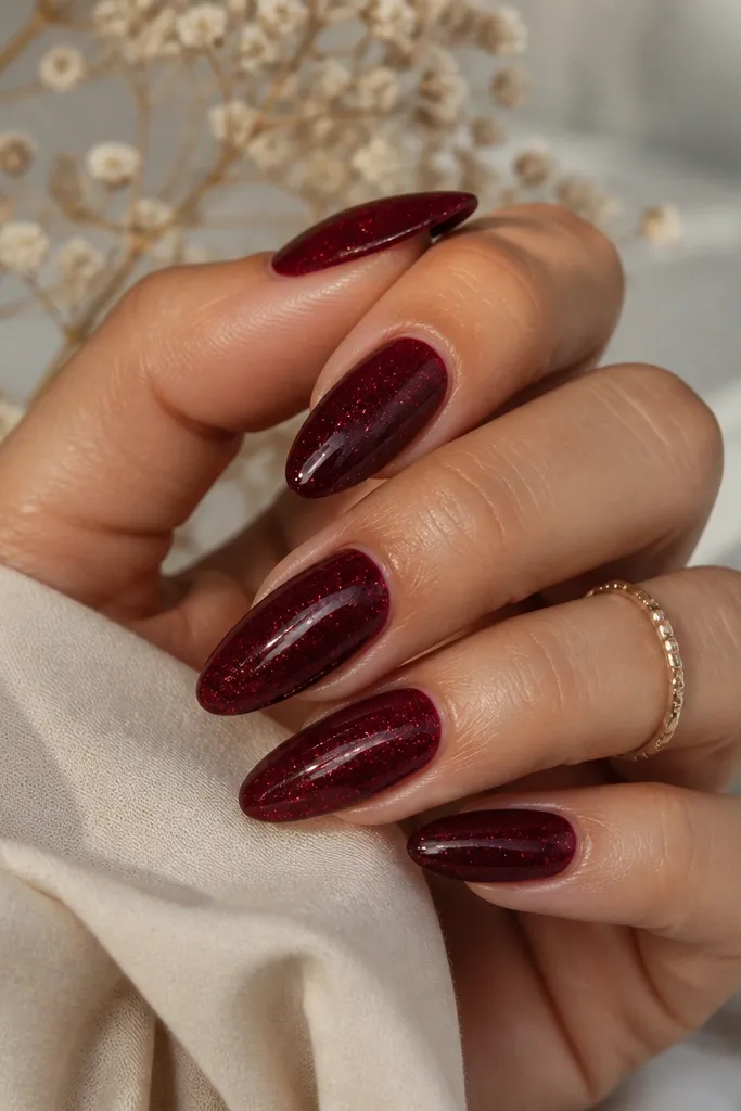 Almond nails painted oxblood dark red with fine micro-flake shimmer scattered lightly across the surface. The flakes catch light in small specks, not big glitter chunks.