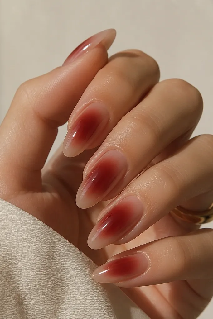 Almond nails with a sheer base that fades into a soft, dark red aura around the center, with a gentle smoky glow. The edges remain lighter and the center looks deeper, all under glossy shine.