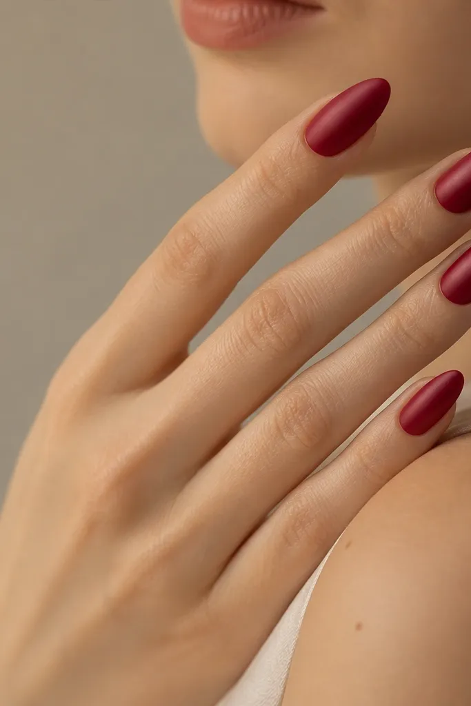 Almond nails in dark red with a soft satin sheen. The nails look smooth and slightly diffused, like silk under light, with no mirror shine.
