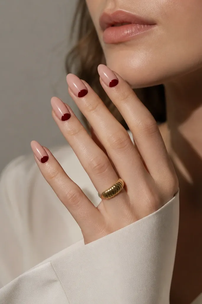 Almond nails with a nude base and a dark red half-moon at the cuticle. The rest of the nail is bare nude, and the half-moon is clean and glossy.