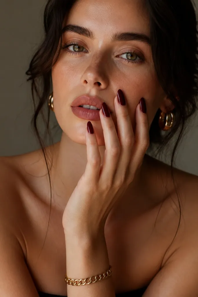 Dark red almond nails for a richer look