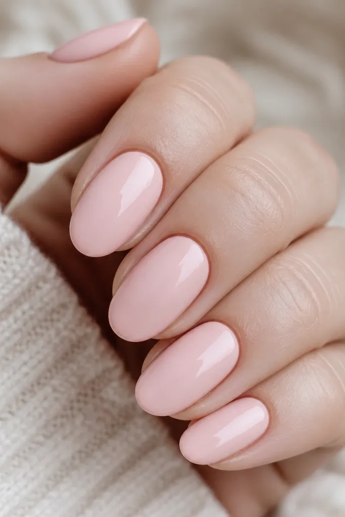 Close-up of short-to-medium almond nails painted a soft ballet pink cream. The surface looks glossy but not mirror-shiny, with a smooth even coat and clean, rounded sidewalls.