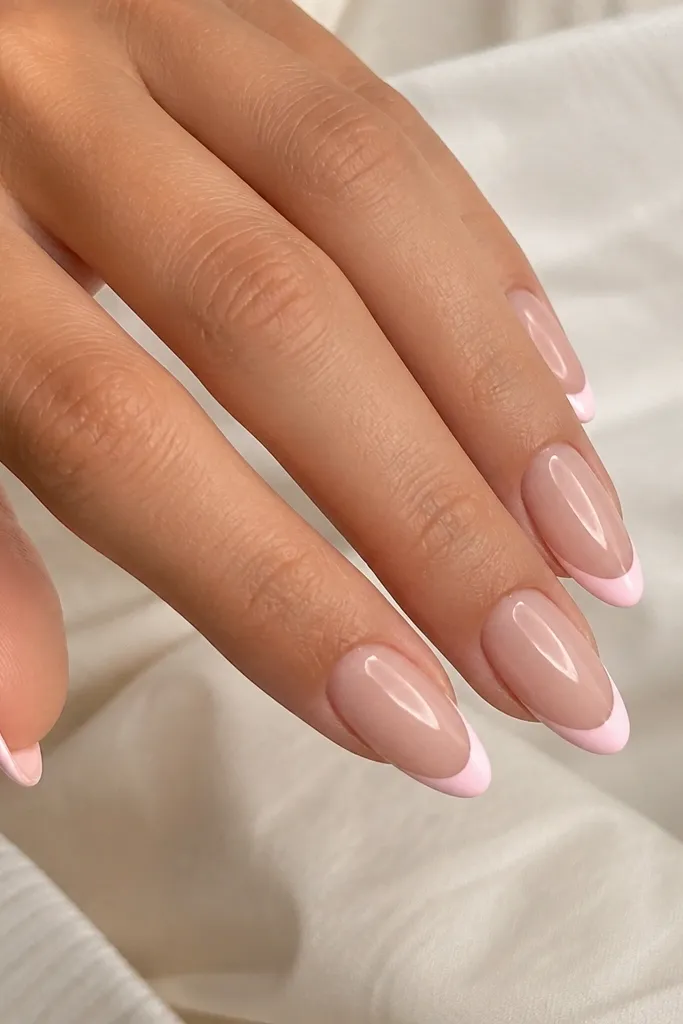 Almond nails with a nude-pink base and a thin blush-pink French tip. The smile line is smooth and slightly curved, with a crisp border and glossy top coat.