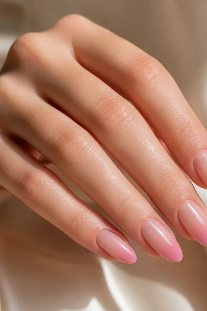 Almond nails with a soft nude-rose base that fades into a stronger pink toward the tip. The gradient is smooth, with no harsh line, and ends in a glossy finish.