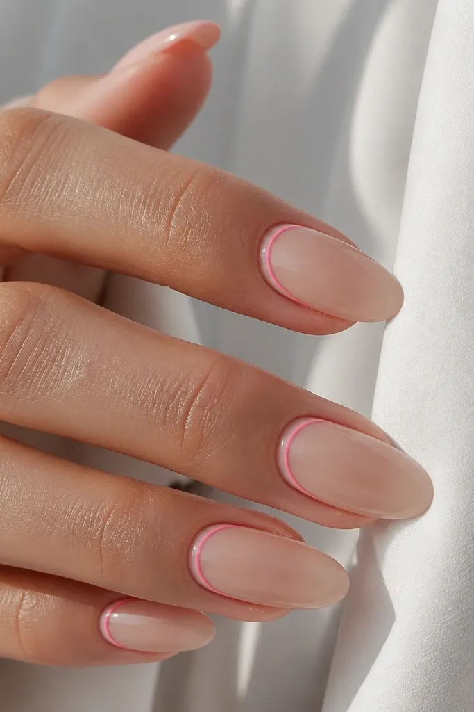 Almond nails with a sheer nude base and a thin hot-pink line right along the cuticle curve. The line is crisp and centered on each nail, with glossy top coat.