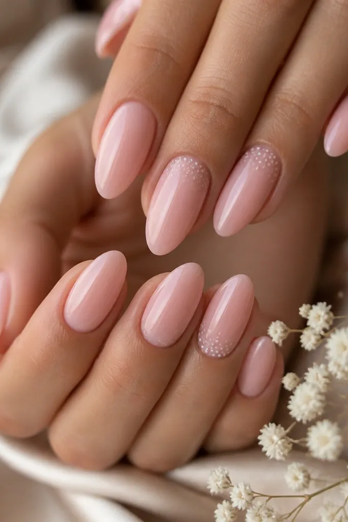 Almond nails in soft pink. On two accent nails, tiny white dots cluster near the cuticle like small stars, with even spacing and sharp dot edges.