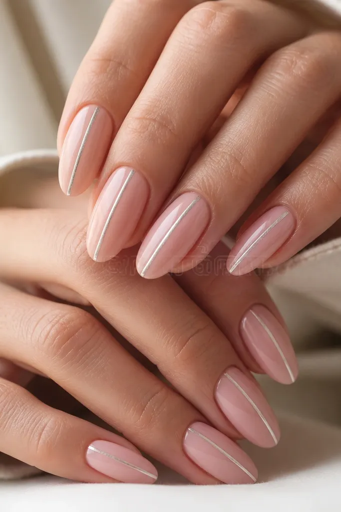 Glossy pink almond nails with one thin vertical silver stripe running down the center or slightly off-center. The stripe has a reflective metallic finish and clean edges.