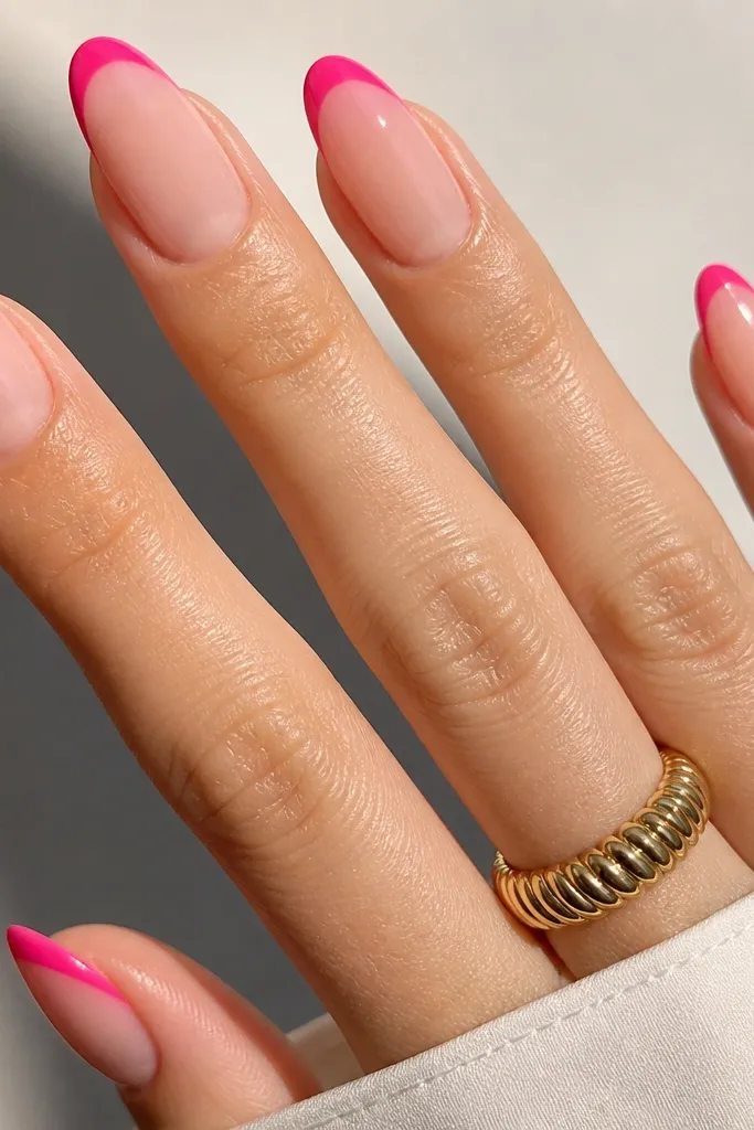 Sheer nude almond nails with a bold hot-pink accent band at the very tip. The band is narrow and crisp, with a glossy top coat and clean side edges.