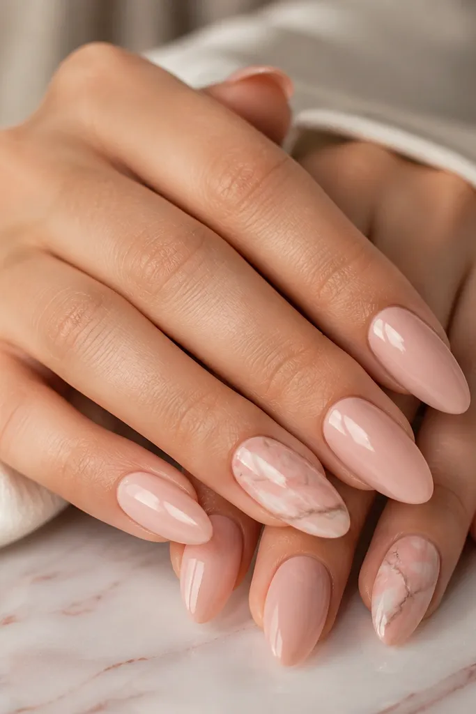 Dusty rose and pale pink marble swirls on two accent almond nails. The other nails are solid nude-pink glossy, and the marble has thin gray-rose lines like natural stone.