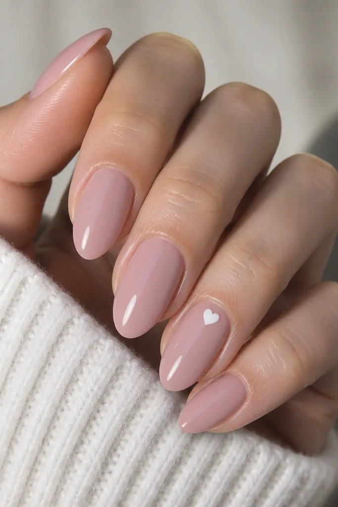 Soft pink almond nails with a single tiny white heart on one accent nail near the cuticle. The heart has crisp edges and sits centered under glossy top coat.