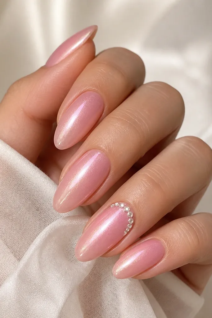 Pearlized pink almond nails with a subtle shimmer. On one accent nail, a thin row of small clear rhinestones sits along the side of the cuticle area, with glossy top coat over everything.
