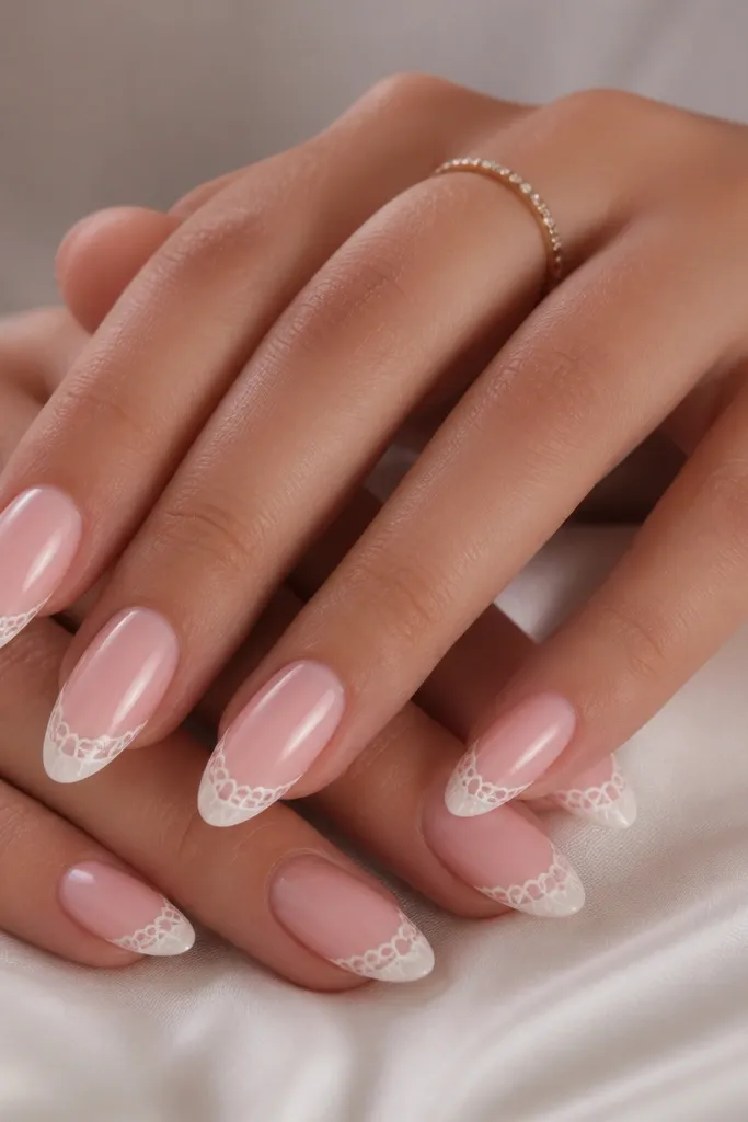 Soft pink almond nails with white lace-like patterns only on the tips. The lace has small repeating loops, and the rest of the nail is solid glossy pink.