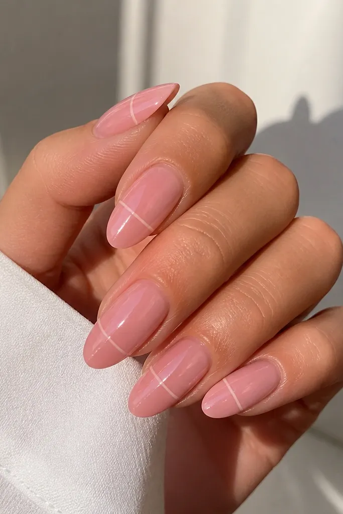 Glossy pink almond nails with very thin nude-beige micro lines crossing near the middle of the nail. The lines are straight and minimal, with a clean modern look.
