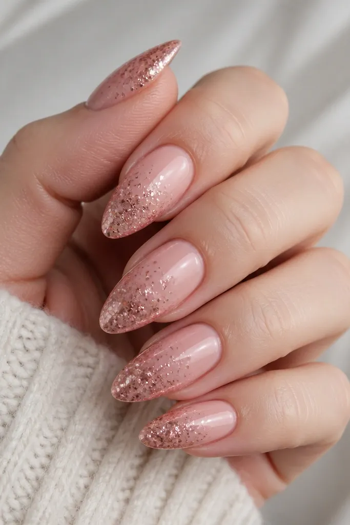 Almond nails with a soft pink base and a confetti glitter fade concentrated near the tip. The glitter is rose-toned and sparse enough to see the base through it, all glossy on top.