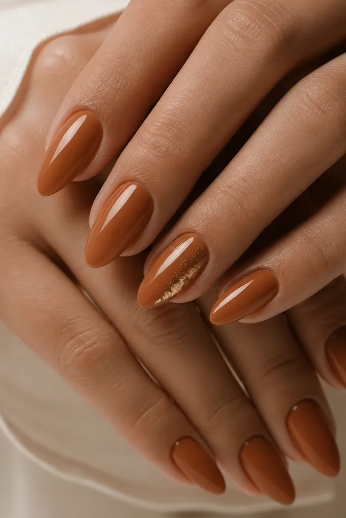 Almond nails in a warm pumpkin caramel color. On one ring finger, a thin gold foil leaf panel sits diagonally near the cuticle, with the rest of the nails solid glossy caramel.