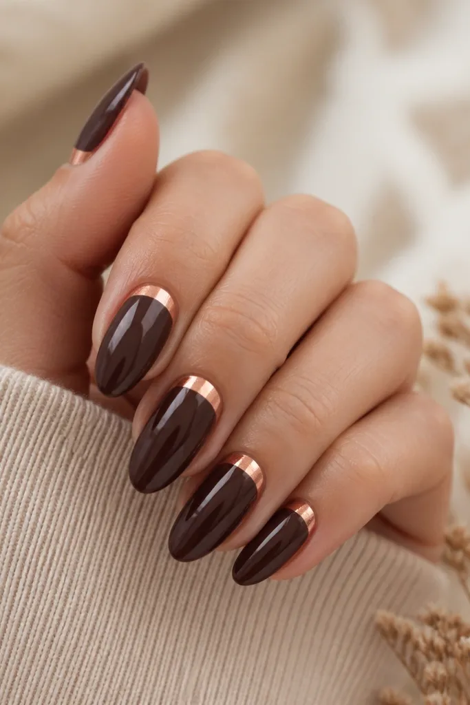 Almond nails painted deep plum-brown. Each nail has a copper chrome half-moon at the cuticle area, leaving a clean negative space around the sides. High shine reflects like mirror chrome.
